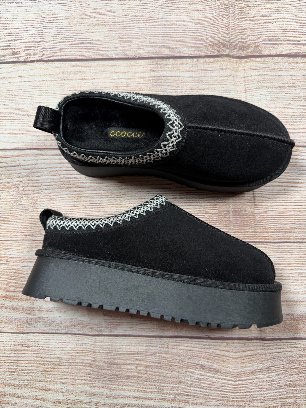 CCOCCI Tessa Black Slip-On Platform Slippers with White Accent